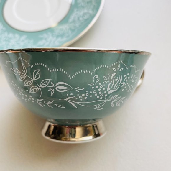 Royal Jackson Bone China Footed Sage Silver Tea Cup & Saucer Set Rare - Picture 8 of 8